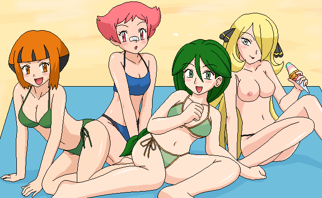 kuro hopper, cheryl (pokemon), cynthia (pokemon), gardenia (pokemon), maylene (pokemon), nintendo, pokemon, pokemon dppt, 00s, 4girls, bikini, breasts, cleavage, gym leader, medium breasts, multiple girls, navel, nipples, oekaki, small breasts, swimsuit, topless female