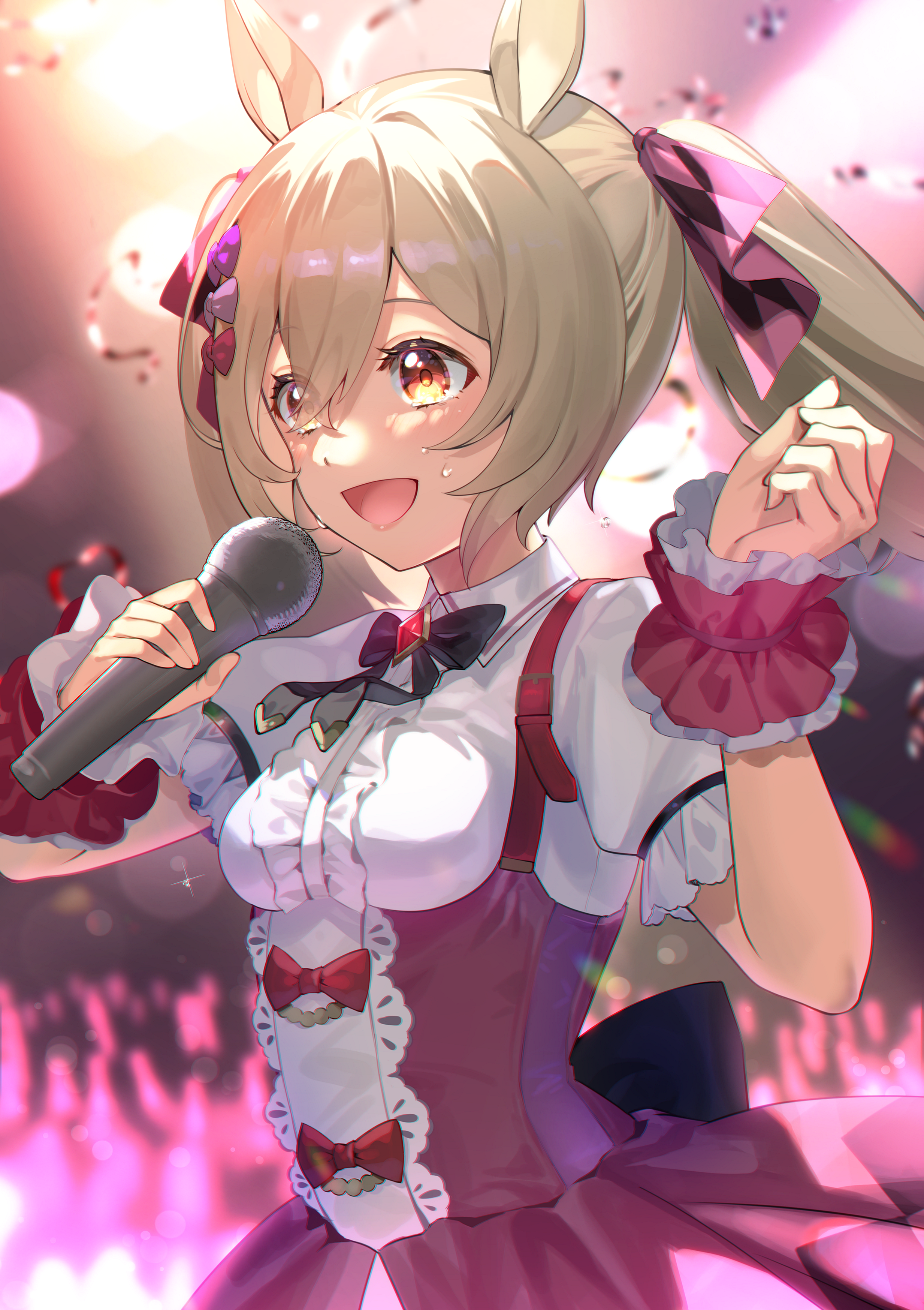kirushi (killcy), smart falcon (love 4ever) (umamusume), smart falcon (umamusume), umamusume, absurdres, commentary request, highres, 1girl, :d, animal ears, brown hair, center frills, frills, glowstick, holding, holding microphone, horse ears, horse girl, microphone, music, open mouth, shirt, singing, smile, solo, twintails, white shirt