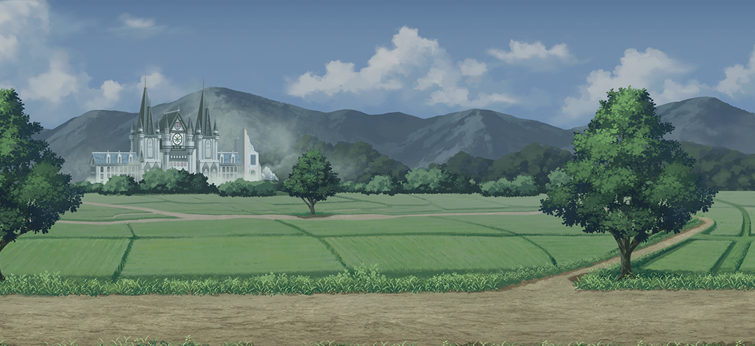 touhou, touhou gensou eclipse, game cg, non-web source, official art, building, castle, cloud, day, field, mountain, no humans, outdoors, path, road, scarlet devil mansion, scenery, tree