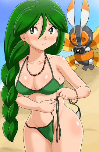 pokemoa, cheryl (pokemon), mothim, nintendo, pokemon, lowres, 1girl, adjusting clothes, adjusting swimsuit, armband, bare shoulders, beach, bikini, blush, braid, breasts, camera, cleavage, female focus, gen 4 pokemon, green bikini, green eyes, green hair, hip focus, jewelry, long hair, matching hair/eyes, necklace, pokemon (creature), side-tie bikini bottom, solo, swimsuit, wardrobe malfunction, wide hips