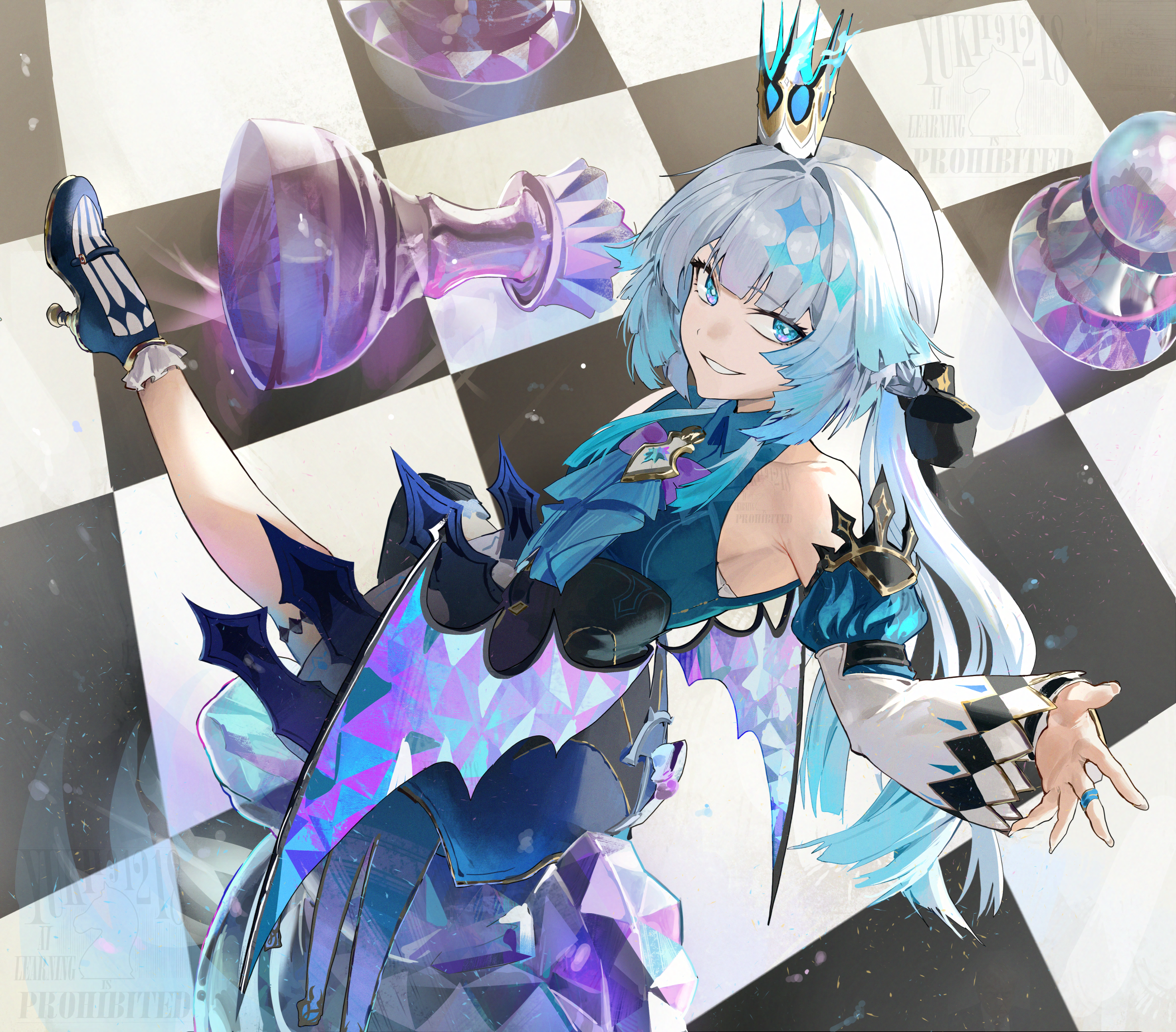 yukii91218, cerydra (honkai: star rail), honkai: star rail, honkai (series), highres, 1girl, black ribbon, blue dress, blue eyes, blue shirt, chess piece, chessboard, closed mouth, crown, diamond-shaped pupils, diamond (shape), dress, grin, king (chess), knight (chess), long hair, long sleeves, looking at viewer, mini crown, multicolored hair, pawn (chess), queen (chess), ribbon, rook (chess), shirt, smile, symbol-shaped pupils