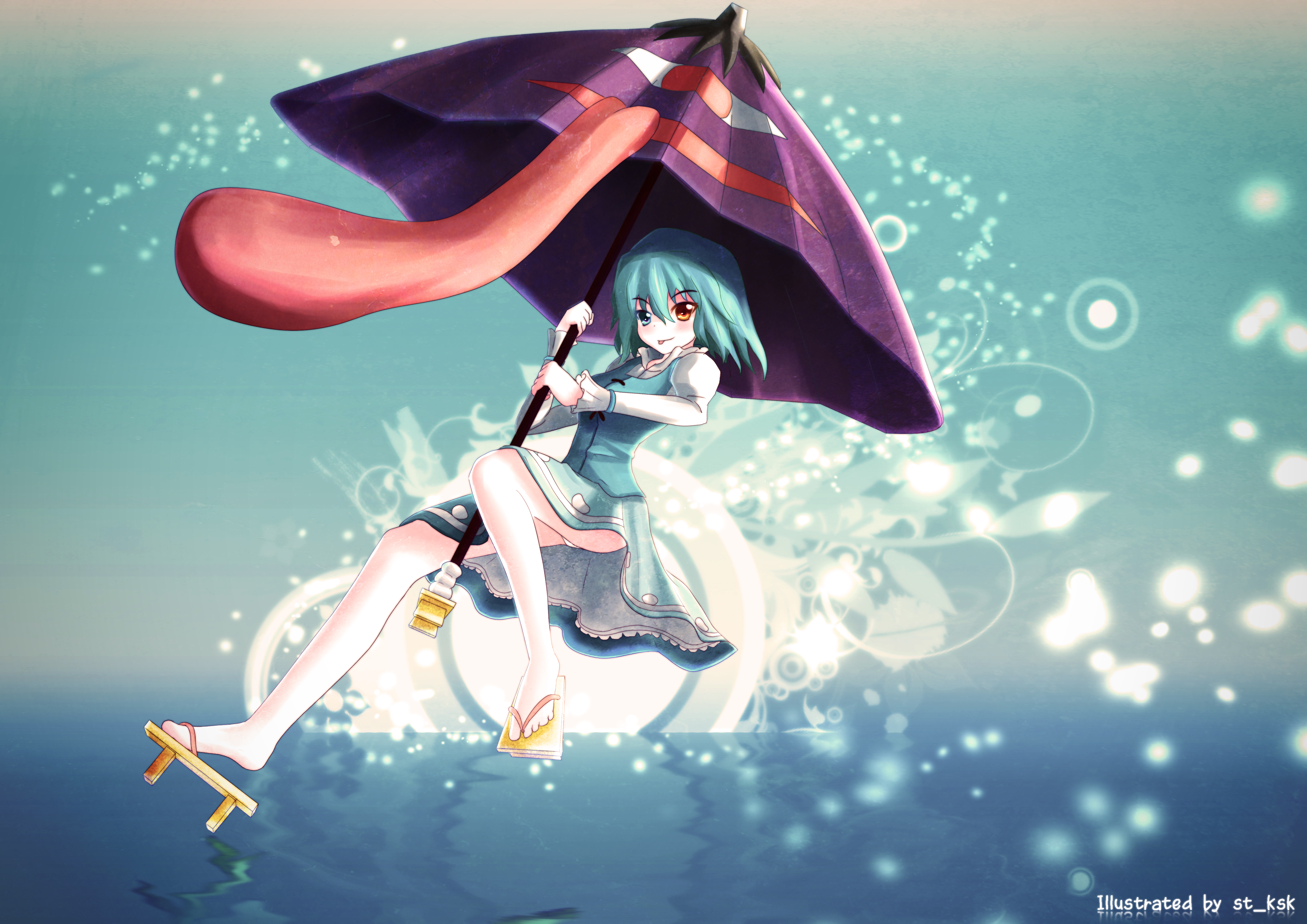 kasoku sato, tatara kogasa, touhou, absurdres, bad id, bad pixiv id, highres, 1girl, aqua hair, female focus, geta, gradient background, heterochromia, karakasa obake, panties, pantyshot, short hair, skirt, smile, solo, tongue, umbrella, underwear, upskirt, water