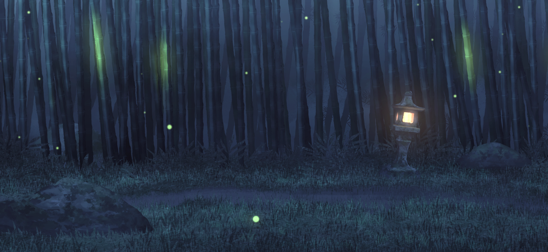touhou, touhou gensou eclipse, game cg, non-web source, official art, bamboo, bamboo forest, boulder, fireflies, forest, grass, moss, nature, night, no humans, outdoors, scenery, stone lantern