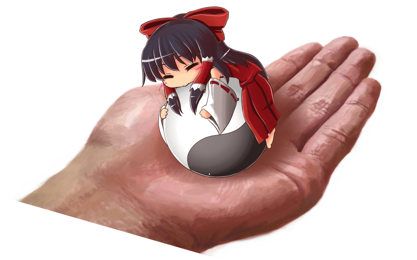 kato (artist), kato (mogumoguokome), hakurei reimu, touhou, highres, 1girl, :>, barefoot, black hair, chibi, detached sleeves, female focus, in palm, japanese clothes, miko, mini person, minigirl, short hair, solo, solo focus, yin yang
