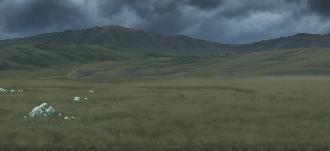 touhou, touhou gensou eclipse, game cg, non-web source, official art, blue sky, cloud, field, grass, hill, mountain, no humans, outdoors, overcast, rock, scenery, sky