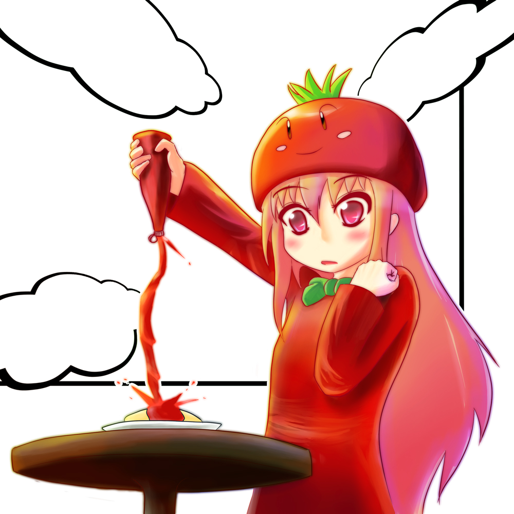 kasoku sato, megurine luka, megurine luka (toeto), toeto (vocaloid), vocaloid, bad id, bad pixiv id, cloud, egg, hat, ketchup, long hair, pink hair, solo, tomato, very long hair