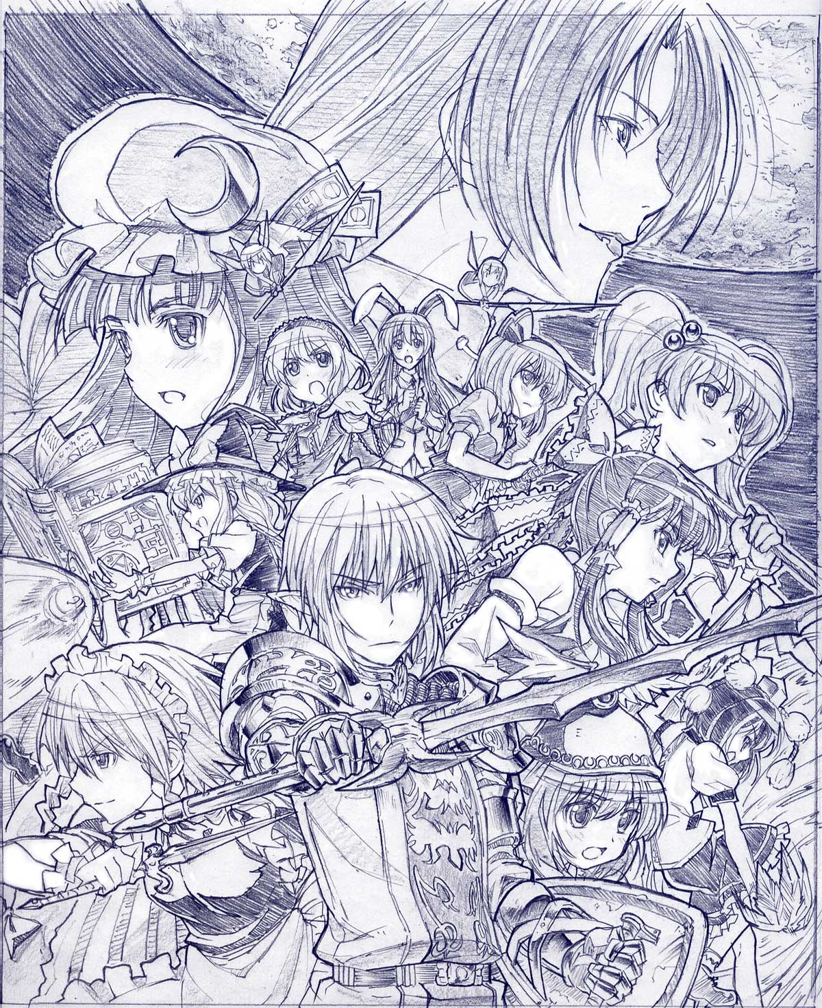 sakino shingetsu, alice margatroid, buront, elvaan, hakurei reimu, izayoi sakuya, kirisame marisa, konpaku youmu, mystia lorelei, onozuka komachi, patchouli knowledge, reisen udongein inaba, shameimaru aya, yagokoro eirin, final fantasy, final fantasy xi, the iron of yin and yang, touhou, highres, traditional media, 1boy, 6+girls, animal ears, book, braid, detached sleeves, doll, elf, fantasy, hairband, hand fan, hat, japanese clothes, katana, long hair, miko, monochrome, multiple girls, parody, pointy ears, purple theme, rabbit ears, short hair, sketch, sword, tokin hat, twin braids, twintails, two side up, weapon, wings, witch, witch hat
