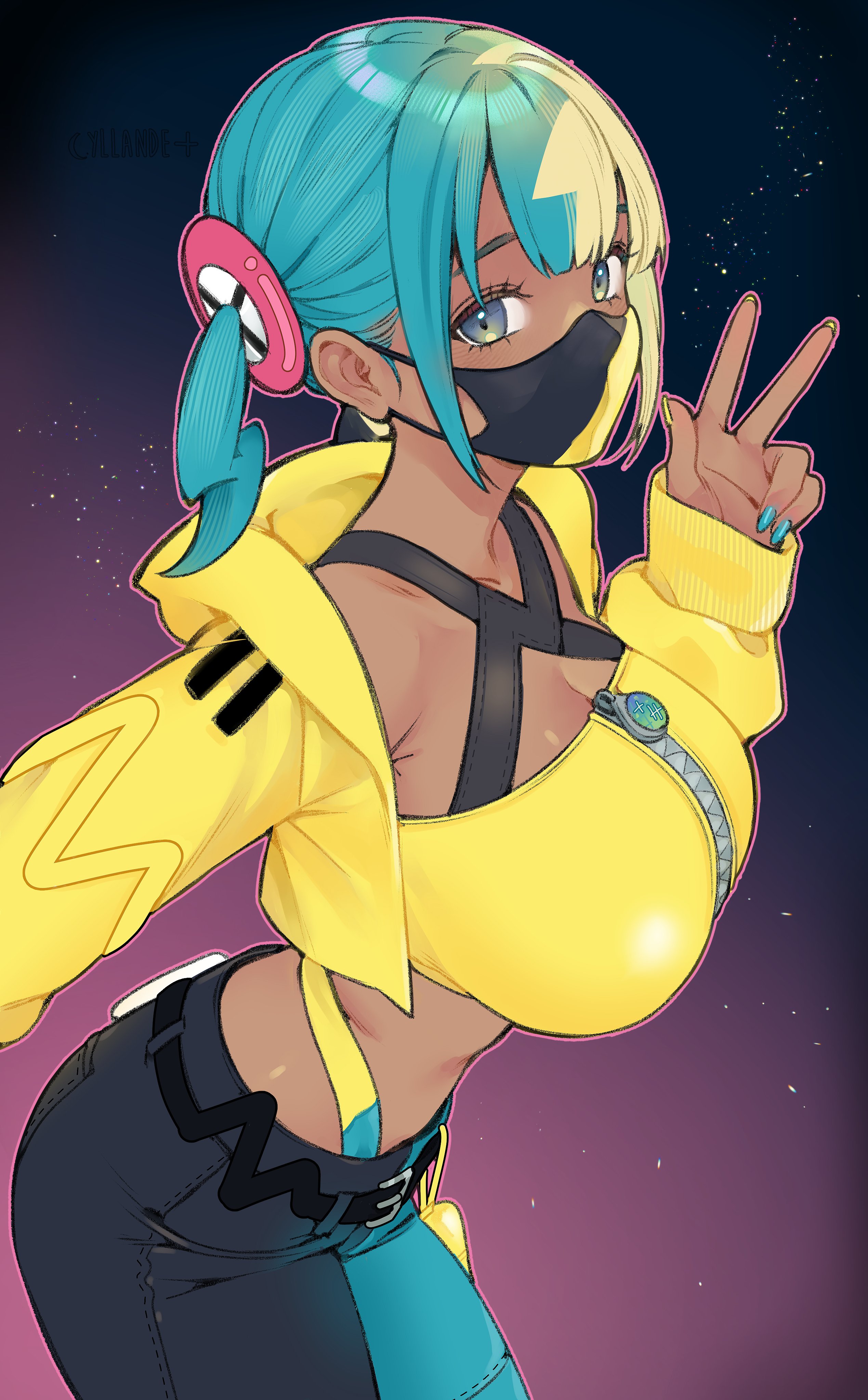 yiiande, canari (pokemon), nintendo, pokemon, pokemon legends: z-a, absurdres, commentary, highres, 1girl, aqua hair, aqua nails, aqua pants, artist name, bandeau, black mask, black pants, blonde hair, blue eyes, breasts, covered mouth, cowboy shot, cropped jacket, dark-skinned female, dark skin, from side, hand up, jacket, large breasts, long sleeves, looking at viewer, mask, mouth mask, multicolored hair, nail polish, open clothes, open jacket, pants, short twintails, sleeves past wrists, solo, split-color hair, standing, twintails, two-tone hair, two-tone mask, two-tone pants, very long fingernails, w, yellow bandeau, yellow jacket, yellow mask, yellow nails