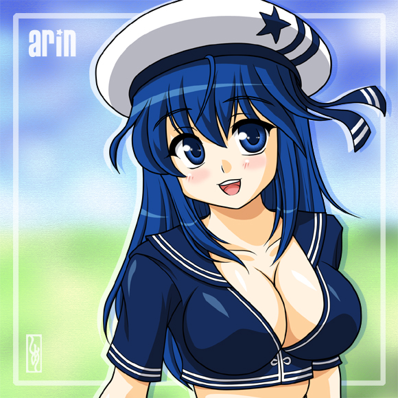 shimeta hiromitsu, arin (pangya), pangya, 1girl, beret, blue eyes, blue hair, blush, breasts, cleavage, female focus, hat, long hair, looking at viewer, matching hair/eyes, open mouth, solo, upper body