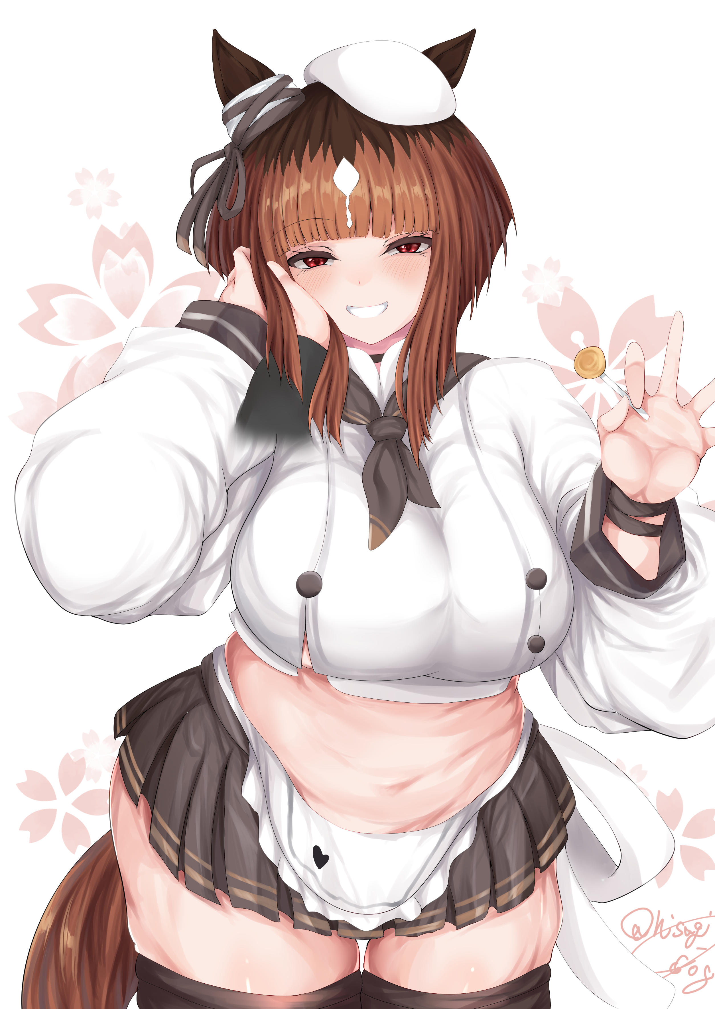 hisagi (hisagi00), bready (nikke), transcend (umamusume), goddess of victory: nikke, umamusume, absurdres, commentary request, highres, 1girl, animal ears, apron, belly, beret, black skirt, black thighhighs, blunt bangs, blush, bob cut, bow, bready (nikke) (cosplay), breasts, brown hair, candy, cellulite, cosplay, cowboy shot, ear ribbon, fat, food, grey ribbon, grin, hand on own cheek, hand on own face, hat, holding, holding candy, holding food, holding lollipop, horse ears, horse girl, horse tail, lollipop, long sleeves, looking at viewer, medium hair, miniskirt, multicolored hair, pleated skirt, roots (hair), shirt, skindentation, skirt, smile, solo, tail, thighhighs, white apron, white hat, white shirt