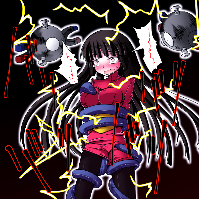 gyo, magnemite, sabrina (pokemon), nintendo, pokemon, pokemon rgby, 1990s (style), 1girl, bdsm, black hair, electrocution, gen 1 pokemon, gym leader, long hair, pantyhose, pokemon (creature), retro artstyle, tears, tentacles