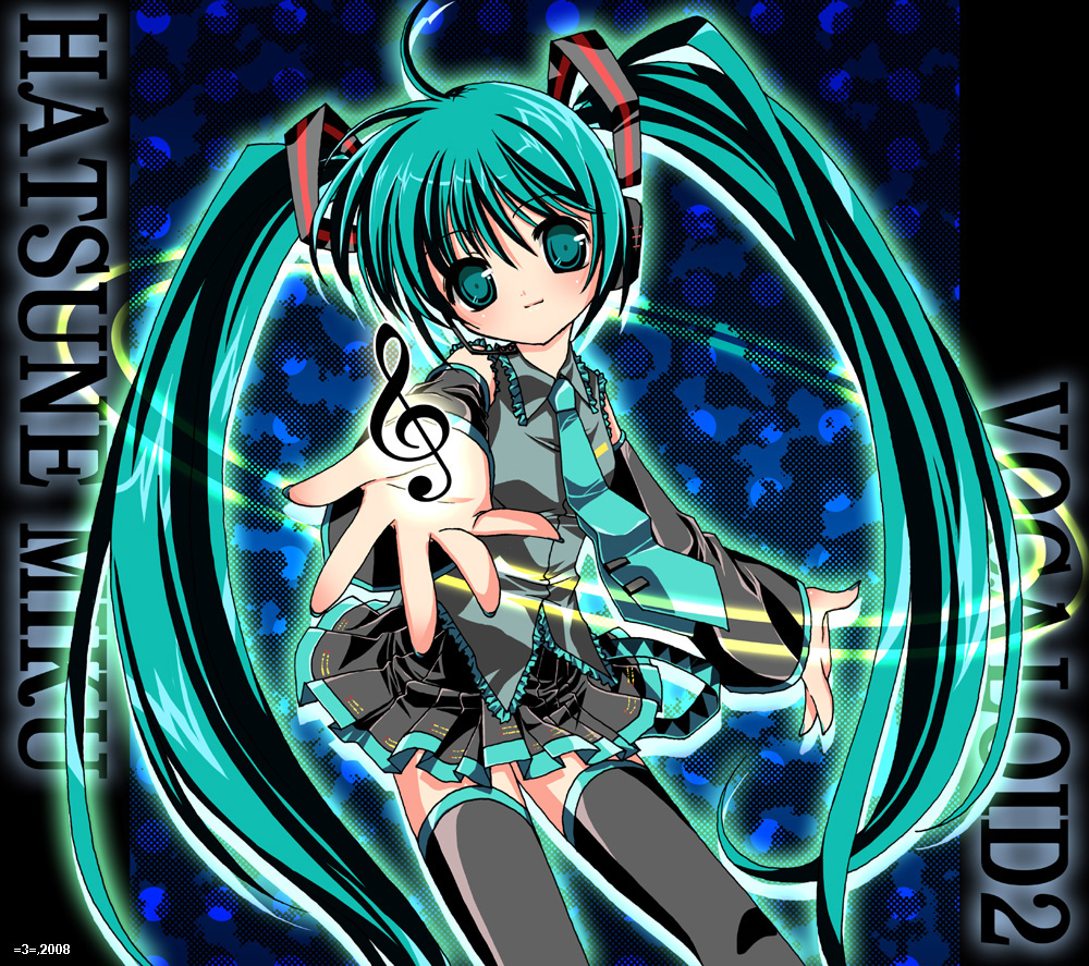 =3=, hatsune miku, vocaloid, bad id, bad pixiv id, aqua eyes, aqua hair, detached sleeves, hair ornament, headphones, headset, long hair, miniskirt, musical note, necktie, pleated skirt, skirt, smile, solo, thighhighs, twintails, very long hair, zettai ryouiki