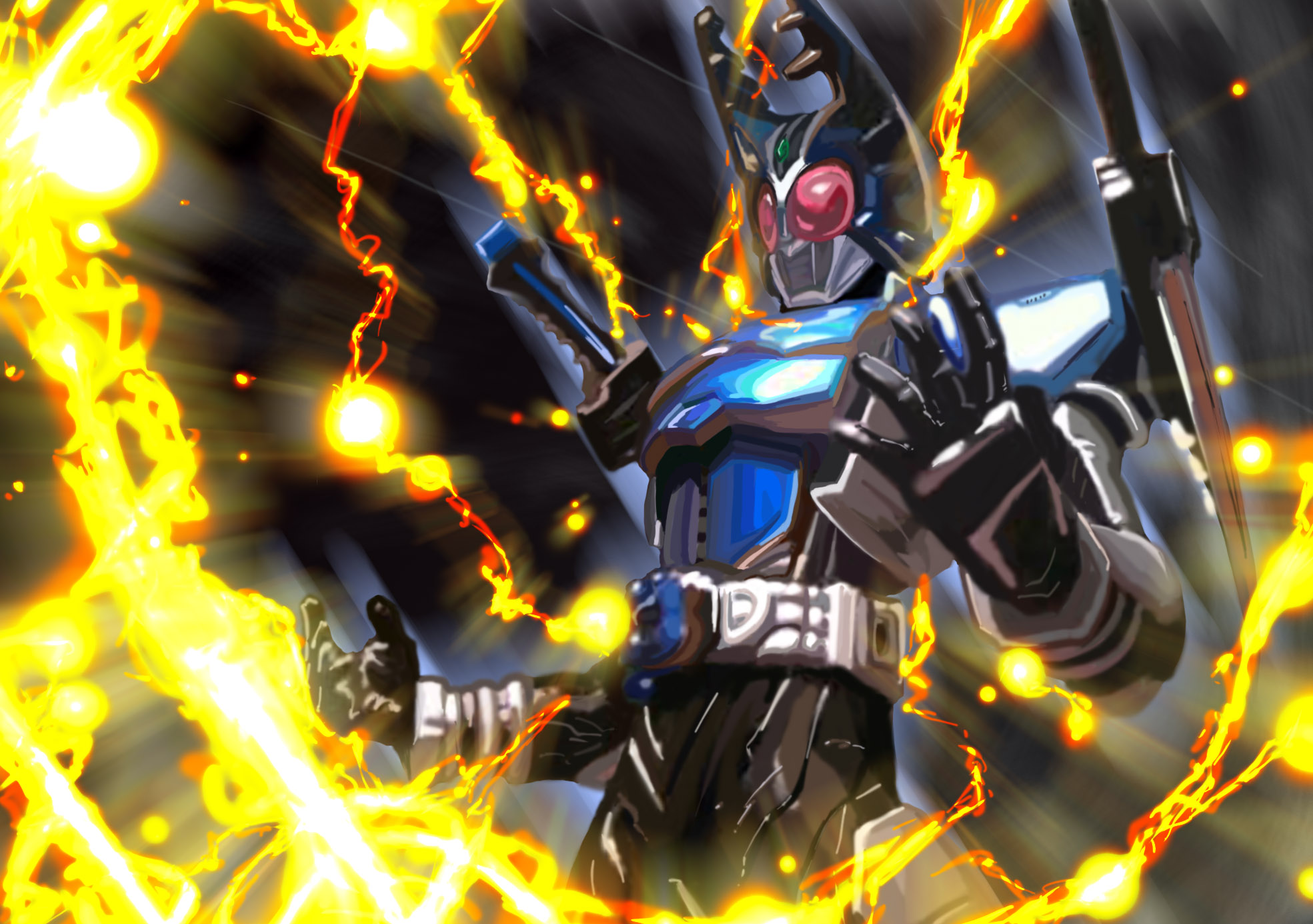pauchi, kamen rider gatack, kamen rider, highres, 1boy, belt, bodysuit, electricity, gauntlets, goggles, helmet, machinery, male focus, skin tight, solo, upper body