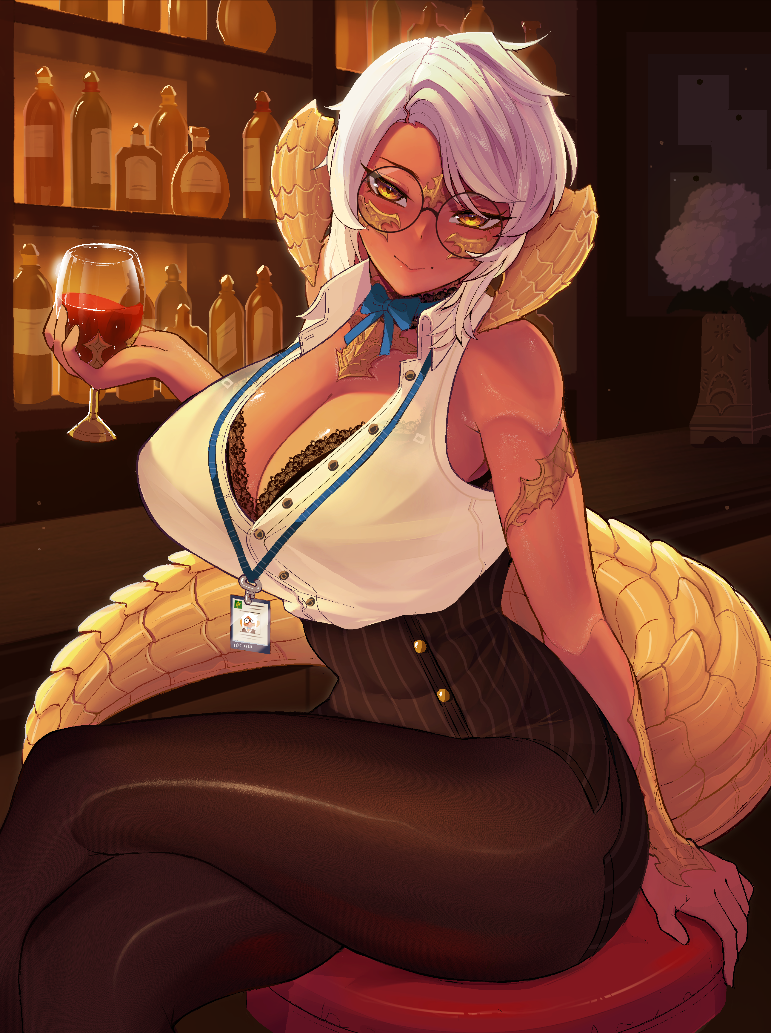 buttslayer, warrior of light (ff14), final fantasy, final fantasy xiv, absurdres, commission, commissioner upload, highres, :>, abs, alcohol, au ra, bar (place), black-framed eyewear, black thighhighs, blue bow, blue bowtie, bow, bowtie, bra, breasts, cup, dark-skinned female, dark skin, dragon girl, dragon horns, dragon tail, drink, drinking glass, holding, holding cup, holding drink, horns, indoors, lace, lace-trimmed bra, lace trim, looking at viewer, muscular, muscular female, office lady, pencil case (pebro), short hair, sitting, solo, tail, thighhighs, underwear, wine, yellow eyes, yellow scales, yellow tail