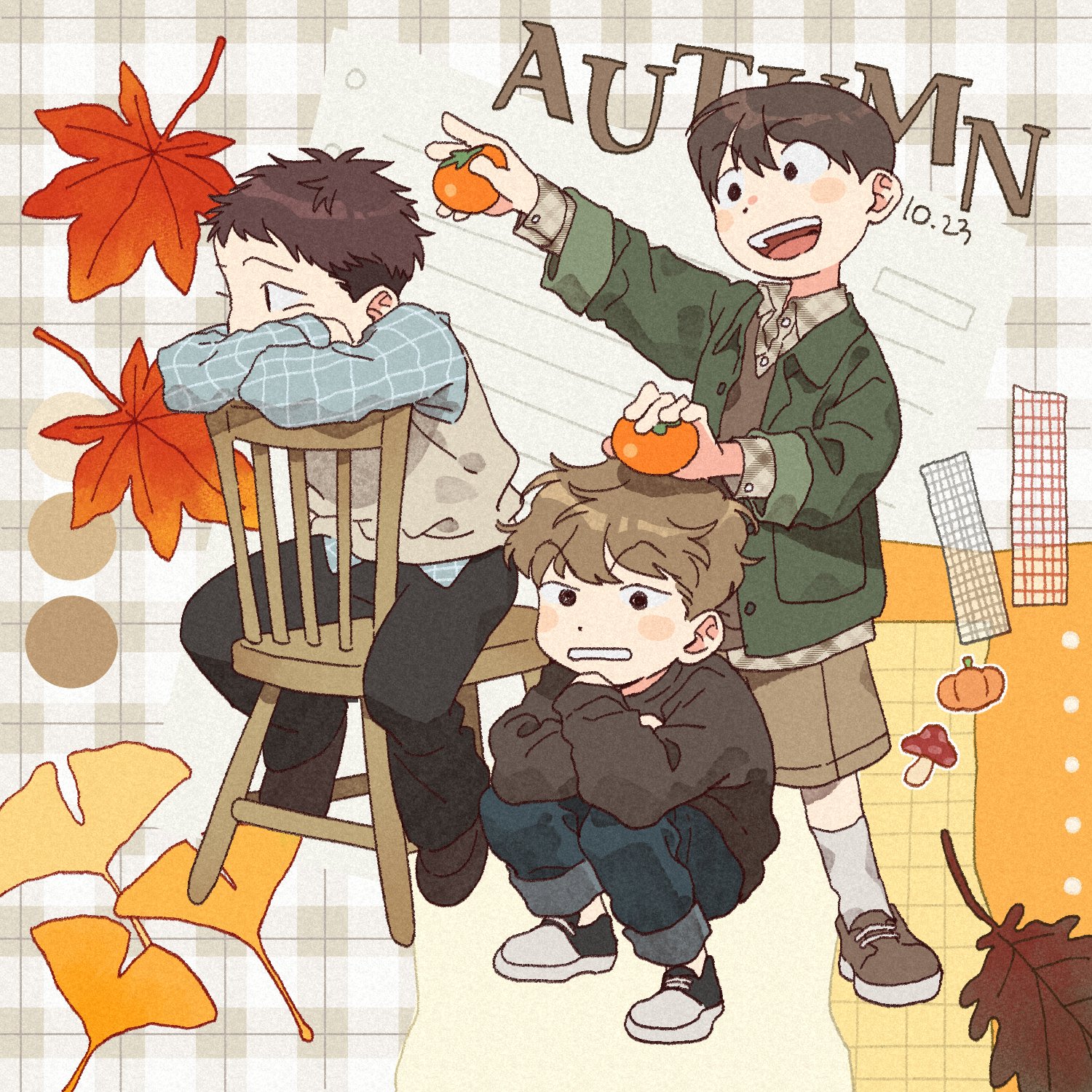 mannerer62, original, commentary request, highres, 3boys, black eyes, black pants, black shoes, black sweater, blue shirt, brown hair, brown shoes, brown sweater, chair, collared shirt, crossed arms, cuffed, english text, food, fruit, gingham, ginkgo leaf, green jacket, hand on another's head, holding, holding food, holding fruit, jacket, layered clothes, leaf, long sleeves, looking at viewer, looking to the side, maple leaf, multiple boys, mushroom, open mouth, pants, patterned background, persimmon, pumpkin, shirt, shoes, short hair, shorts, sitting, sitting backwards, slav squatting, socks, squatting, sweater, sweater vest, teeth, upper teeth only, v-neck, washi tape (object), white socks