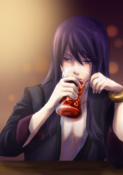 hiryuu (kana h), yuri lowell, tales of (series), tales of vesperia, resized, 1boy, black hair, bracelet, drink, jewelry, long hair, pixiv thumbnail, solo