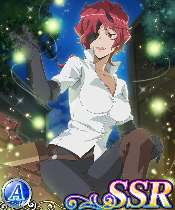 hephaistos (danmachi), dungeon ni deai wo motomeru no wa machigatteiru darou ka, source request, 1girl, breasts, card, eyepatch, large breasts, red hair, smile