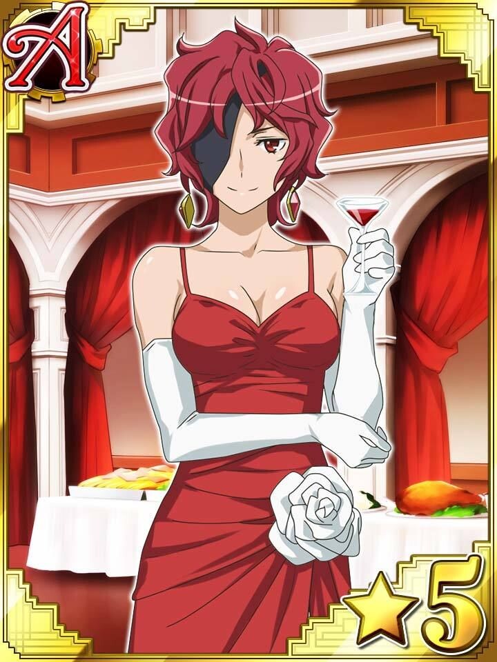 hephaistos (danmachi), dungeon ni deai wo motomeru no wa machigatteiru darou ka, source request, 1girl, breasts, card, eyepatch, large breasts, red hair, smile