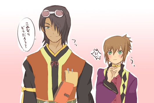 hon (orange-ade), raven (tales), rita mordio, tales of (series), tales of vesperia, 1boy, 1girl, black hair, brown hair, cosplay, costume switch, gloves, goggles, green eyes, ponytail, raven (tov) (cosplay), rita mordio (cosplay)