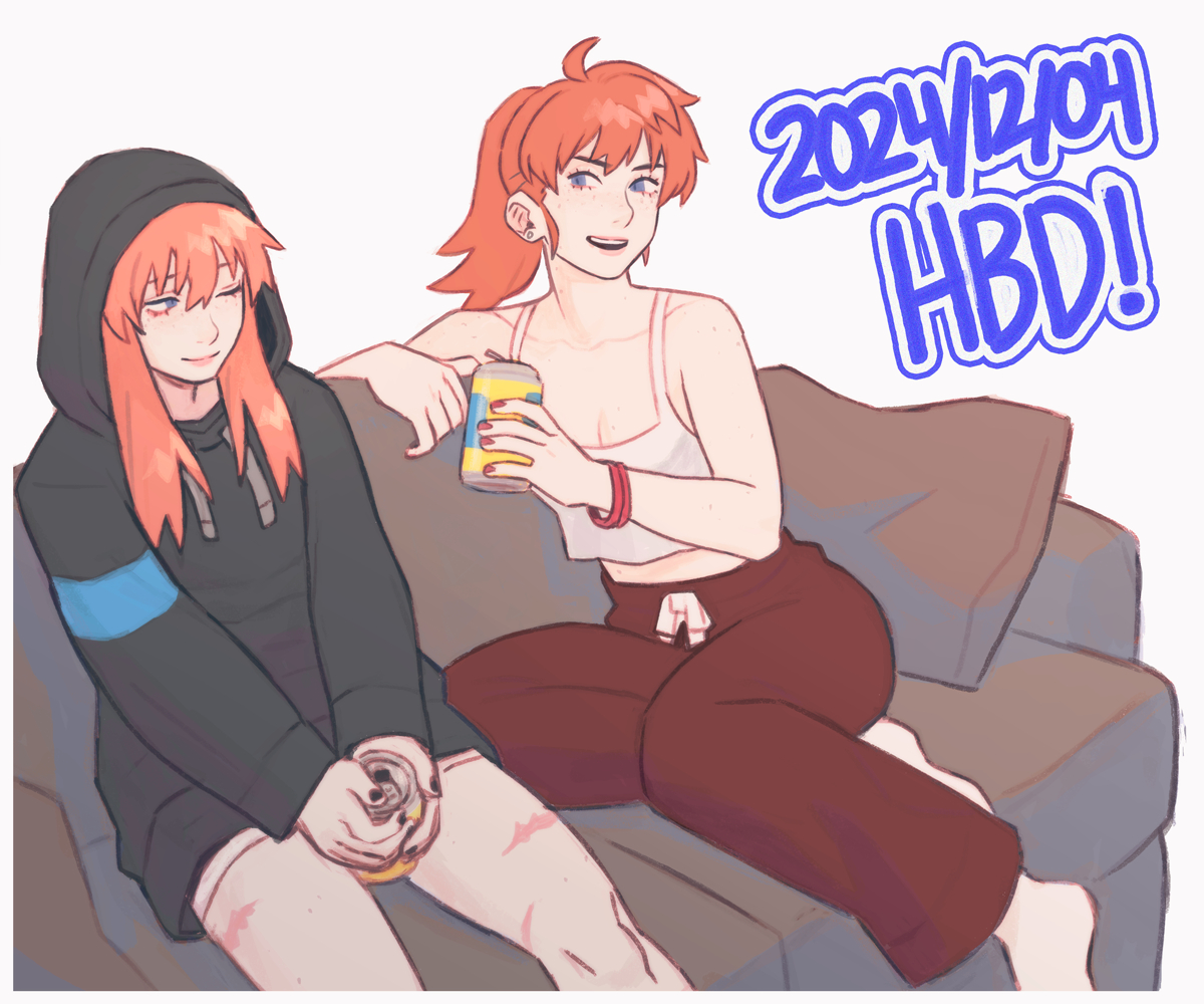 jbbetz, souryuu asuka langley, neon genesis evangelion, rebuild of evangelion, 2024, 2girls, barefoot, black hoodie, blue eyes, bracelet, breasts, can, couch, dated, december, drink can, dual persona, freckles, happy birthday, hood, hoodie, jewelry, long hair, multiple girls, orange hair, pants, scar, smile, soda can, sweatpants, tank top, white tank top