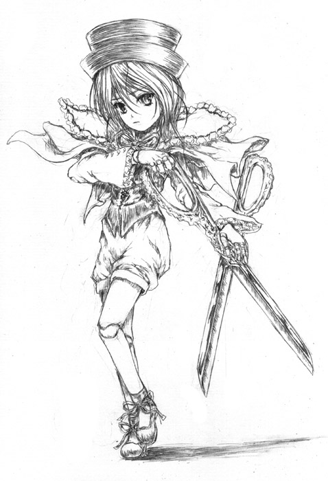 katzeh, souseiseki, rozen maiden, 00s, doll joints, greyscale, hat, joints, monochrome, scissors, solo