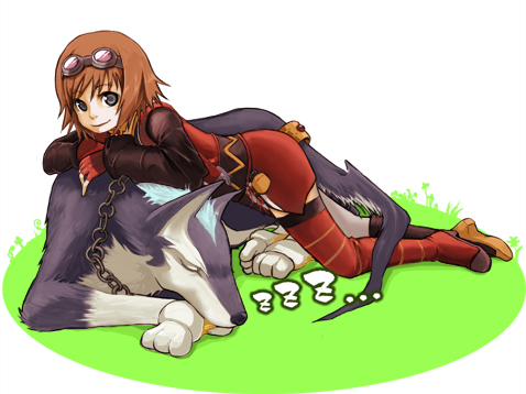 hirahira21, repede (tales), rita mordio, tales of (series), tales of vesperia, bad id, bad pixiv id, lowres, 00s, 1girl, asymmetrical clothes, asymmetrical footwear, brown hair, dog, gloves, goggles, green eyes, mismatched footwear, short hair, sleeping, smile, thighhighs