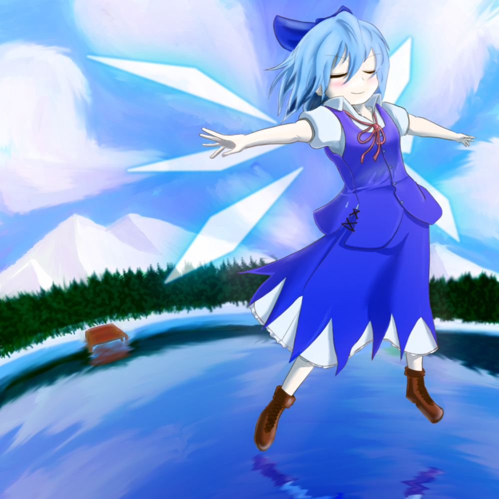 kasoku sato, cirno, embodiment of scarlet devil, touhou, bad id, bad pixiv id, metadata reference, 1girl, blue hair, bow, closed eyes, female focus, forest, full body, gradient background, hair bow, nature, outdoors, outstretched arms, plant, short hair, skirt, sky, solo, spread arms, wings
