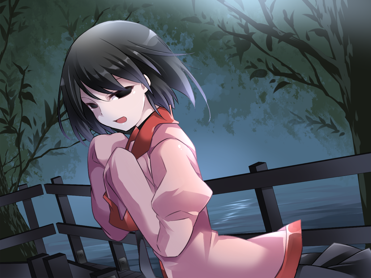 hammer (sunset beach), oshino ougi, monogatari (series), commentary, textless version, translated, 1girl, :d, black eyes, black hair, blazer, bridge, empty eyes, fake screenshot, from side, jacket, juliet sleeves, long sleeves, looking at viewer, looking to the side, naoetsu high school uniform, open mouth, pink shirt, plant, puffy sleeves, railing, river, school uniform, shirt, short hair, sleeves past fingers, sleeves past wrists, smile, solo, text focus, tree, upper body, water