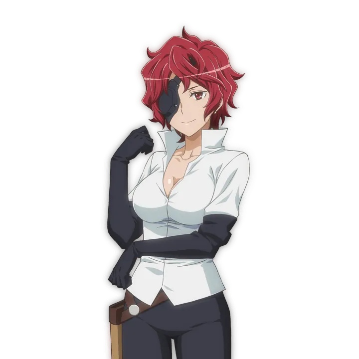 hephaistos (danmachi), dungeon ni deai wo motomeru no wa machigatteiru darou ka, official art, source request, 1girl, breasts, eyepatch, large breasts, red hair, smile