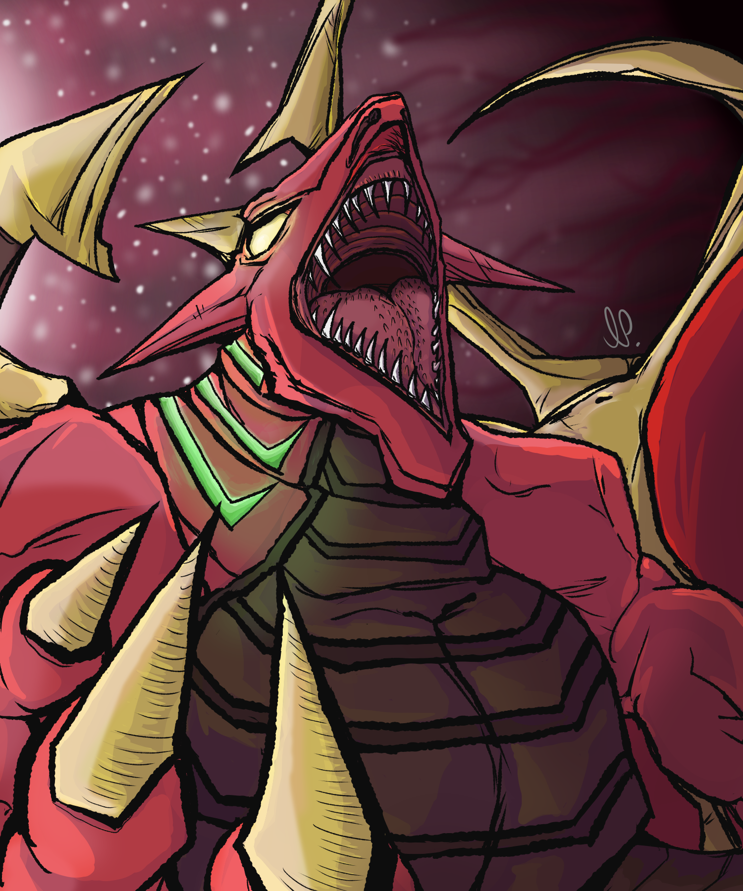 bakugan, claws, colored skin, horns, leonidas (bakugan), looking up, monster, red skin, space
