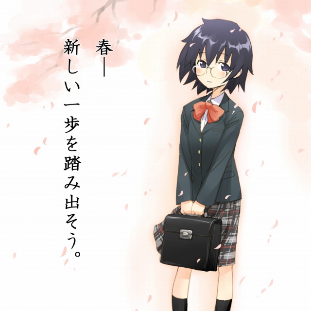 mosha, kitahara aya, onanie master kurosawa, translation request, 1girl, bag, blue eyes, blue hair, blush, bow, bowtie, cherry blossoms, female focus, glasses, looking at viewer, petals, plaid clothes, plaid skirt, satchel, school bag, school uniform, short hair, skirt, smile, solo