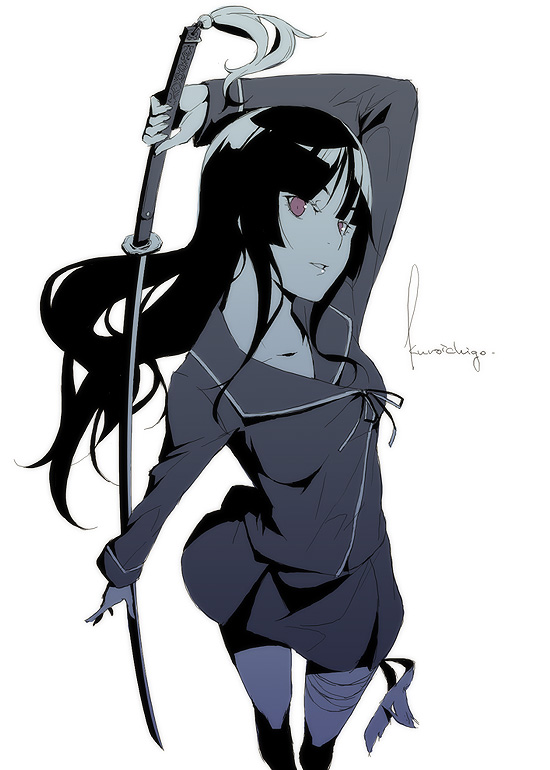 kyo (kuroichigo), isayama yomi, ga-rei, ga-rei zero, 00s, 1girl, artist name, bandages, black hair, blue theme, blunt bangs, female focus, hime cut, katana, long hair, looking up, miniskirt, monochrome, purple eyes, purple theme, school uniform, skirt, smile, solo, spot color, sword, weapon