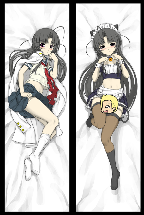 tsuji santa, oki kiki, nitroplus, sumaga, 1girl, ahoge, bell, black hair, blush, censored, choker, clothes lift, dakimakura (medium), feet, flat chest, lab coat, legs, long hair, lying, maid, midriff, miniskirt, multiple views, navel, novelty censor, pink eyes, pleated skirt, school uniform, serafuku, skirt, skirt lift, smile, socks, thighhighs
