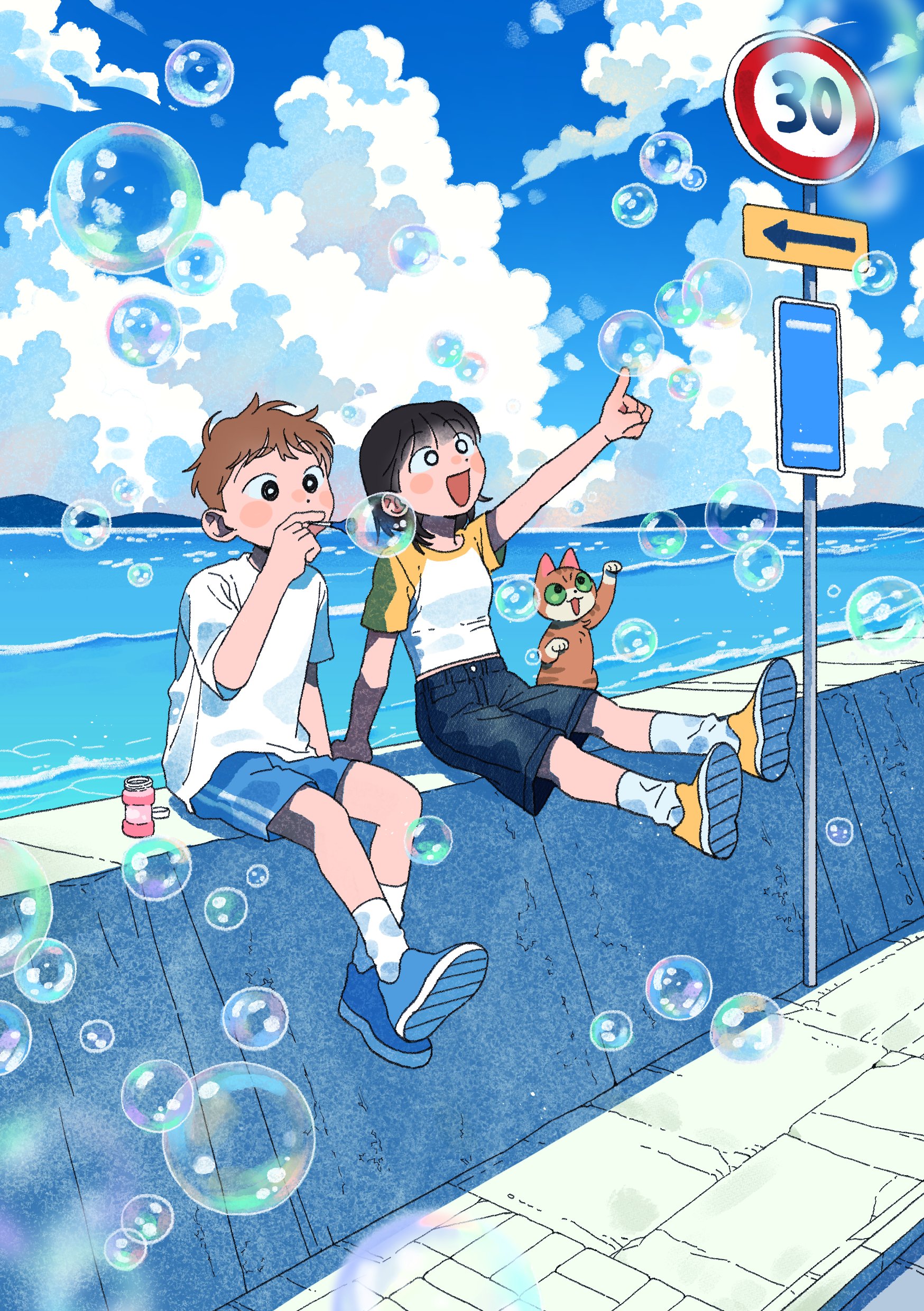mannerer62, original, absurdres, commentary, highres, 1boy, 1girl, black eyes, blowing bubbles, blue shoes, blue shorts, blue sky, blush, brown hair, bubble, cat, cloud, cloudy sky, day, denim, denim shorts, green eyes, mountainous horizon, ocean, open mouth, orange cat, pointing, raglan sleeves, road sign, shirt, shoes, short sleeves, shorts, sign, sky, socks, t-shirt, white shirt, white socks, yellow shoes