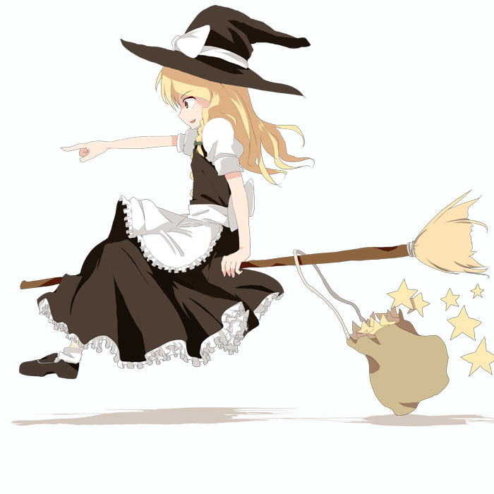 mieharu, kirisame marisa, touhou, 1girl, blonde hair, broom, broom riding, dress, female focus, flying, full body, hat, simple background, solo, star (symbol), witch, witch hat
