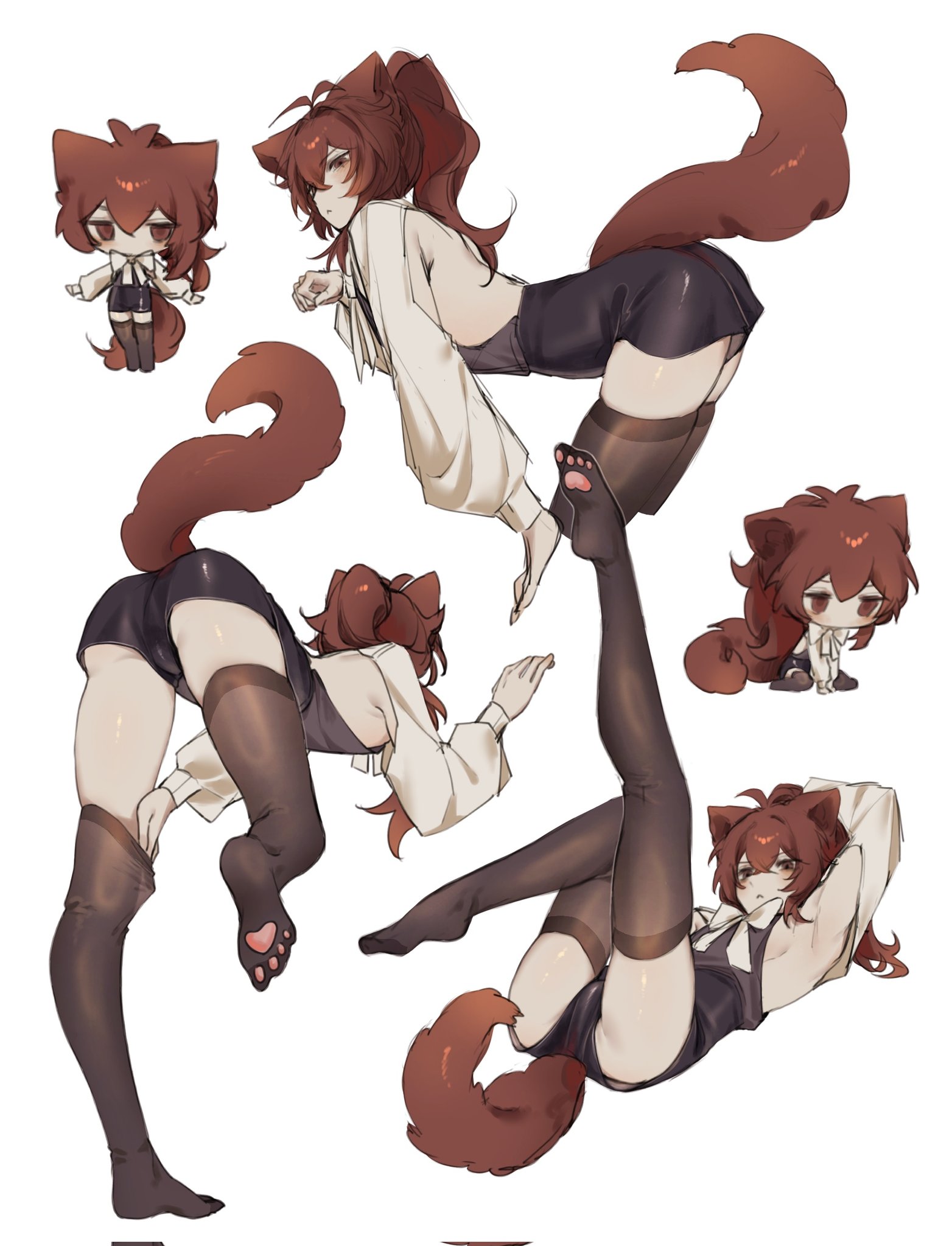 zehuij, diluc (genshin impact), genshin impact, commentary request, highres, 1boy, alternate costume, animal ears, arm up, armpits, ass, black thighhighs, hair between eyes, long hair, male focus, multiple views, paw pose, paw print, ponytail, red eyes, red hair, skindentation, tail, thighhighs, thighs