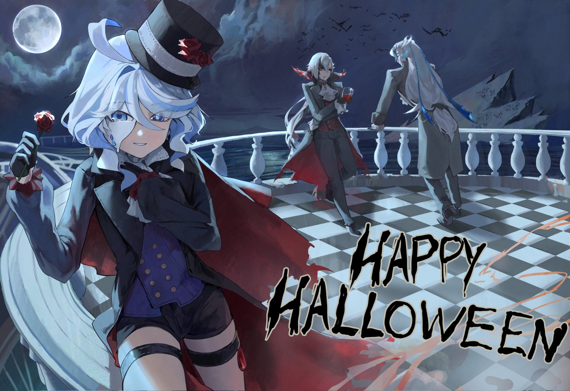 yukii91218, arlecchino (genshin impact), furina (genshin impact), neuvillette (genshin impact), genshin impact, highres, 1boy, 2girls, bat (animal), black eyes, blue eyes, blue shirt, cape, coat, drop-shaped pupils, eyelash ornament, fingernail gloves, flower, gradient skin, grey coat, halloween, halloween costume, happy halloween, hat, heterochromia, holding, holding flower, mismatched pupils, moon, multicolored hair, multiple girls, popped collar, red flower, red pupils, red rose, rose, shirt, streaked hair, symbol-shaped pupils, top hat, trick or treat, vampire, vampire costume, white hair