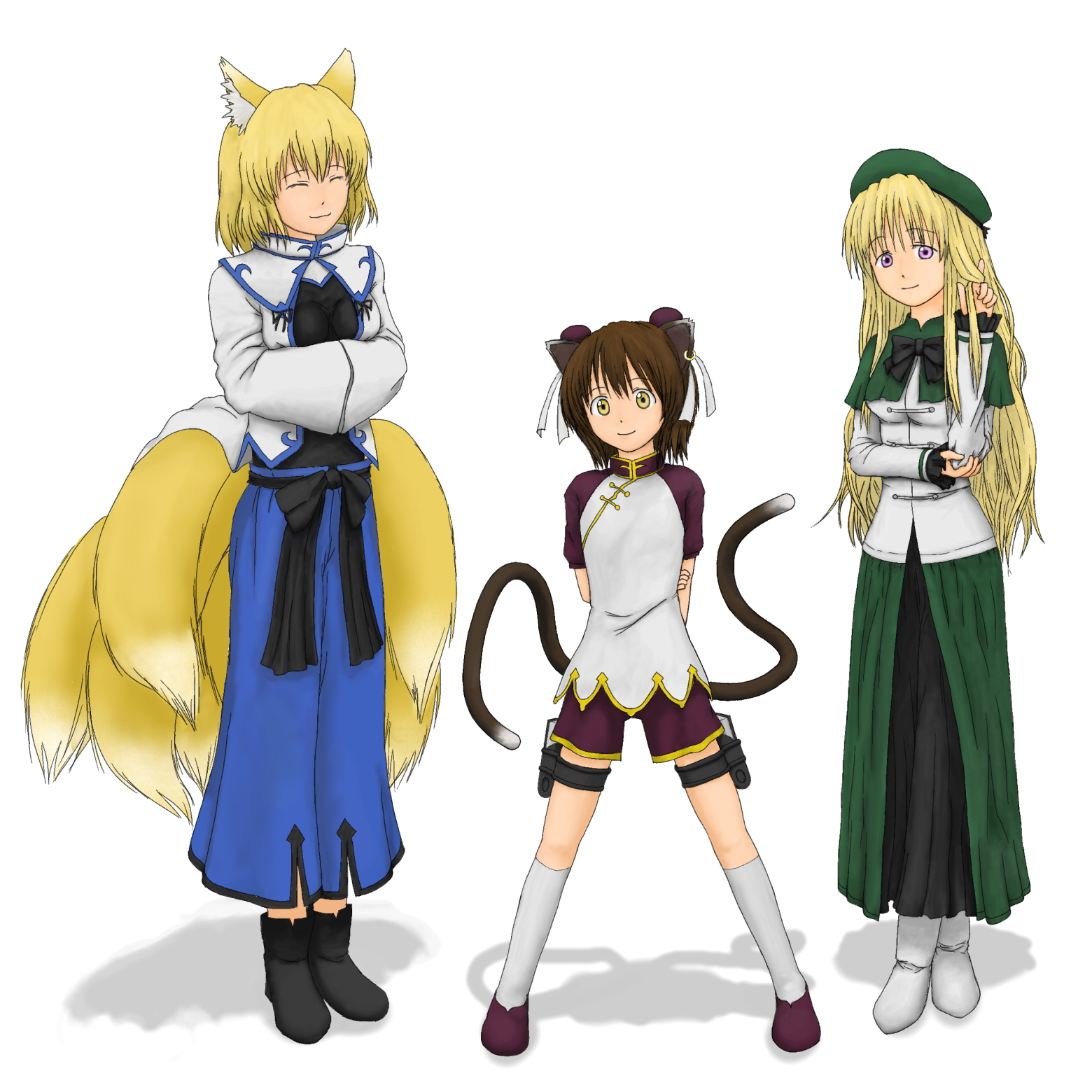 tomato-pizza, anita king, chen, maggie mui, michelle cheung, yakumo ran, yakumo yukari, r.o.d the tv, read or die, touhou, bad id, bad pixiv id, highres, 3girls, ^ ^, adjusting hair, alternate costume, animal ears, anita king (cosplay), arms behind back, beret, blonde hair, boots, bow, brown hair, bun cover, cat ears, cat girl, cat tail, chinese clothes, closed eyes, cosplay, double bun, dress, earrings, female focus, flat chest, fox ears, fox tail, hair bun, hat, jewelry, kneehighs, long hair, maggie mui (cosplay), michelle cheung (cosplay), multiple girls, multiple tails, no headwear, purple eyes, sash, shadow, shoes, short hair, shorts, simple background, single earring, smile, socks, standing, tail, thigh strap, turtleneck, very long hair, white background, yellow eyes