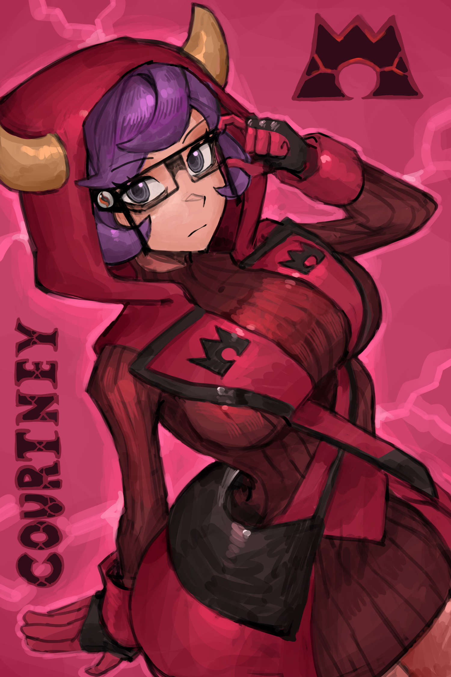 saiykik, courtney (pokemon), nintendo, pokemon, pokemon oras, commentary, english commentary, highres, 1girl, bespectacled, breasts, character name, closed mouth, eyelashes, fake horns, glasses, gloves, hand up, hood, hood up, horns, large breasts, looking at viewer, mega stone, purple eyes, purple hair, red sweater, ribbed sweater, short hair, solo, sweater, team magma, team magma uniform, turtleneck, turtleneck sweater