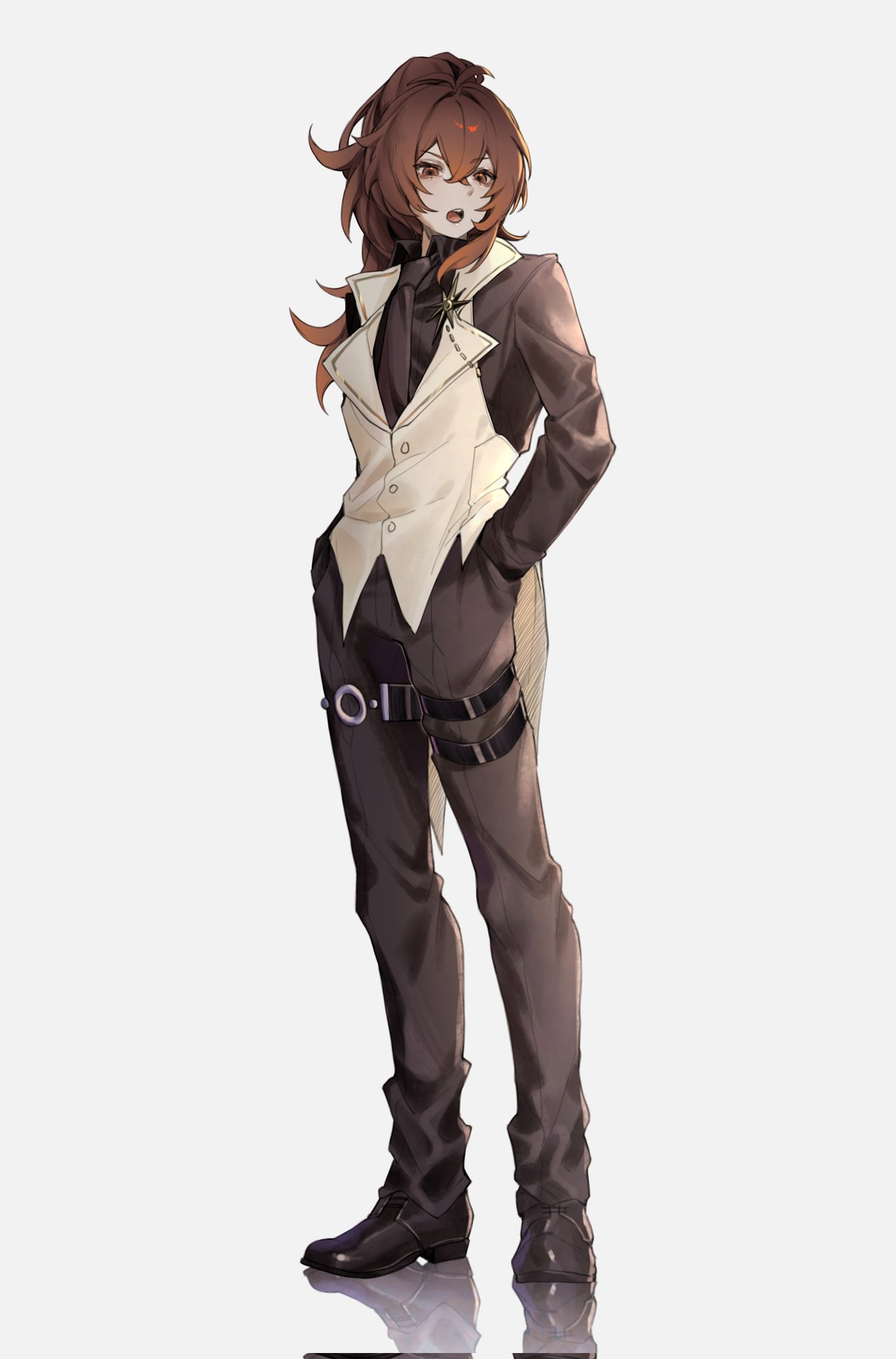 zehuij, diluc (genshin impact), genshin impact, commentary request, highres, 1boy, black shoes, hair between eyes, hand in pocket, high ponytail, invisible floor, long hair, male focus, open mouth, ponytail, red eyes, red hair, reflective floor, shoes, simple background, solo, standing, teeth, upper teeth only, white background