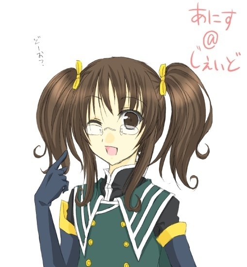 anise tatlin, jade curtiss, tales of (series), tales of the abyss, 1girl, brown eyes, brown hair, cosplay, female focus, glasses, jade curtiss (cosplay), one eye closed, short twintails, solo, twintails, wink