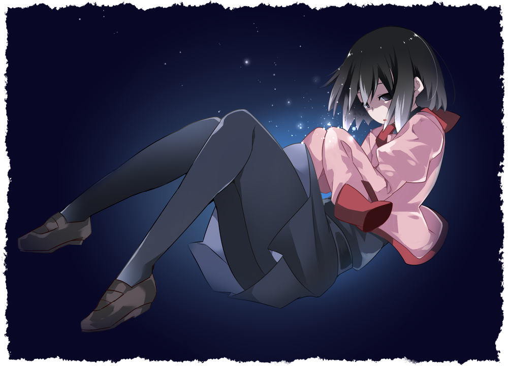 hammer (sunset beach), oshino ougi, monogatari (series), commentary request, 1girl, black background, black eyes, black hair, black pantyhose, black shirt, black skirt, blue background, bob cut, border, brown shoes, empty eyes, floating, floating hair, full body, glowing, gradient background, juliet sleeves, light particles, loafers, long sleeves, loose hair strand, naoetsu high school uniform, pale skin, pantyhose, parted lips, pink shirt, puffy sleeves, red trim, school uniform, shaded face, shirt, shoes, short hair, skirt, sleeves past fingers, sleeves past wrists, solo, turtleneck, very long sleeves, white border