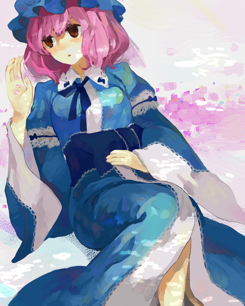 hm (artist), slash (syrh3ee), saigyouji yuyuko, touhou, bad id, bad pixiv id, 1girl, female focus, hat, japanese clothes, petals, pink hair, solo