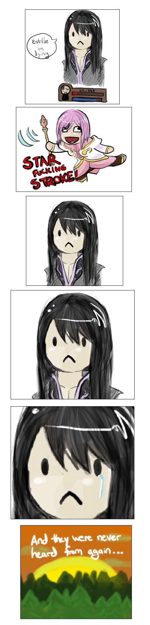 estellise sidos heurassein, yuri lowell, tales of (series), tales of vesperia, highres, long image, tall image, 00s, 1boy, 1girl, 4koma, :<, awesome face, bad end, black hair, comic, english text, marin fucking karin, meme, pink hair, sunset, tears, wand