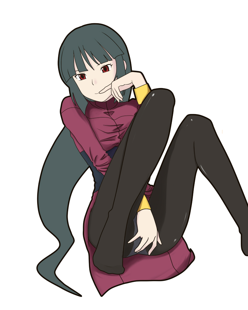 beru (pixiv), beru (sunday), sabrina (pokemon), nintendo, pokemon, pokemon rgby, 1990s (style), 1girl, black hair, black pantyhose, feet, female focus, gym leader, long hair, panties, panties under pantyhose, pantyhose, red eyes, retro artstyle, simple background, solo, underwear, white background