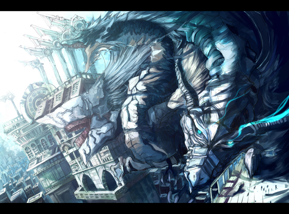 makai no juumin, pixiv fantasia, pixiv fantasia 3, bad id, bad pixiv id, cityscape, dragon, fantasy, gigandal federation, glowing, glowing eyes, letterboxed, monster