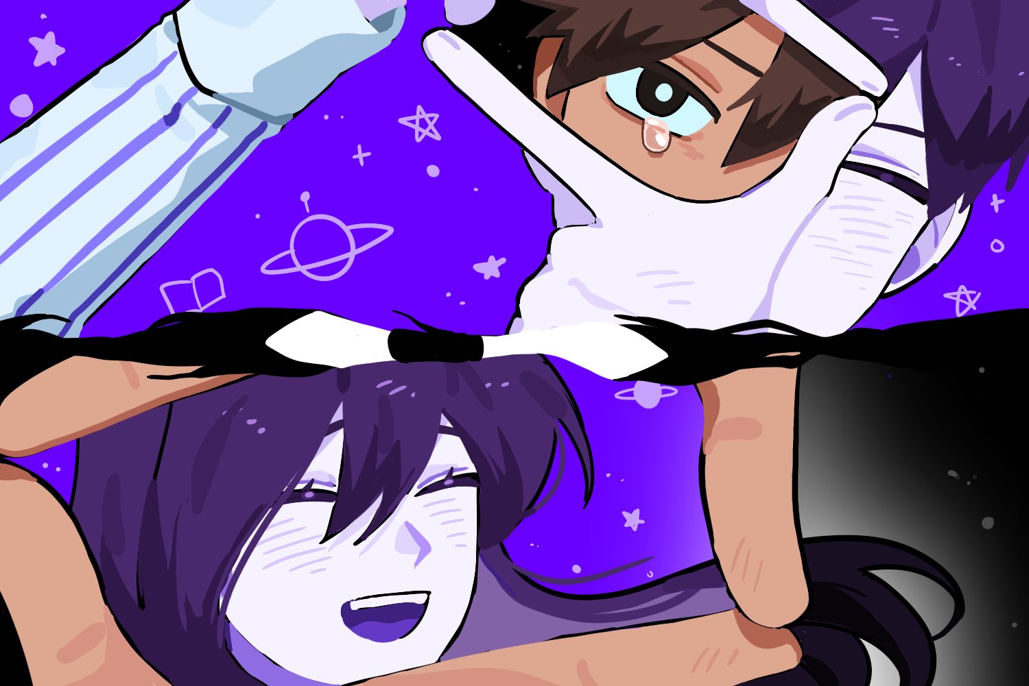 hero (faraway) (omori), hero (headspace) (omori), hero (omori), mari (faraway) (omori), mari (headspace) (omori), mari (omori), something (omori), omori, spoilers, 1boy, 1girl, 2g7oo, black eyes, bright pupils, brown hair, closed eyes, colored skin, colored tongue, crying, crying with eyes open, dark-skinned male, dark skin, dual persona, long hair, open mouth, purple hair, purple sky, purple tongue, short hair, sky, tears, teeth, upper teeth only, white pupils, white skin