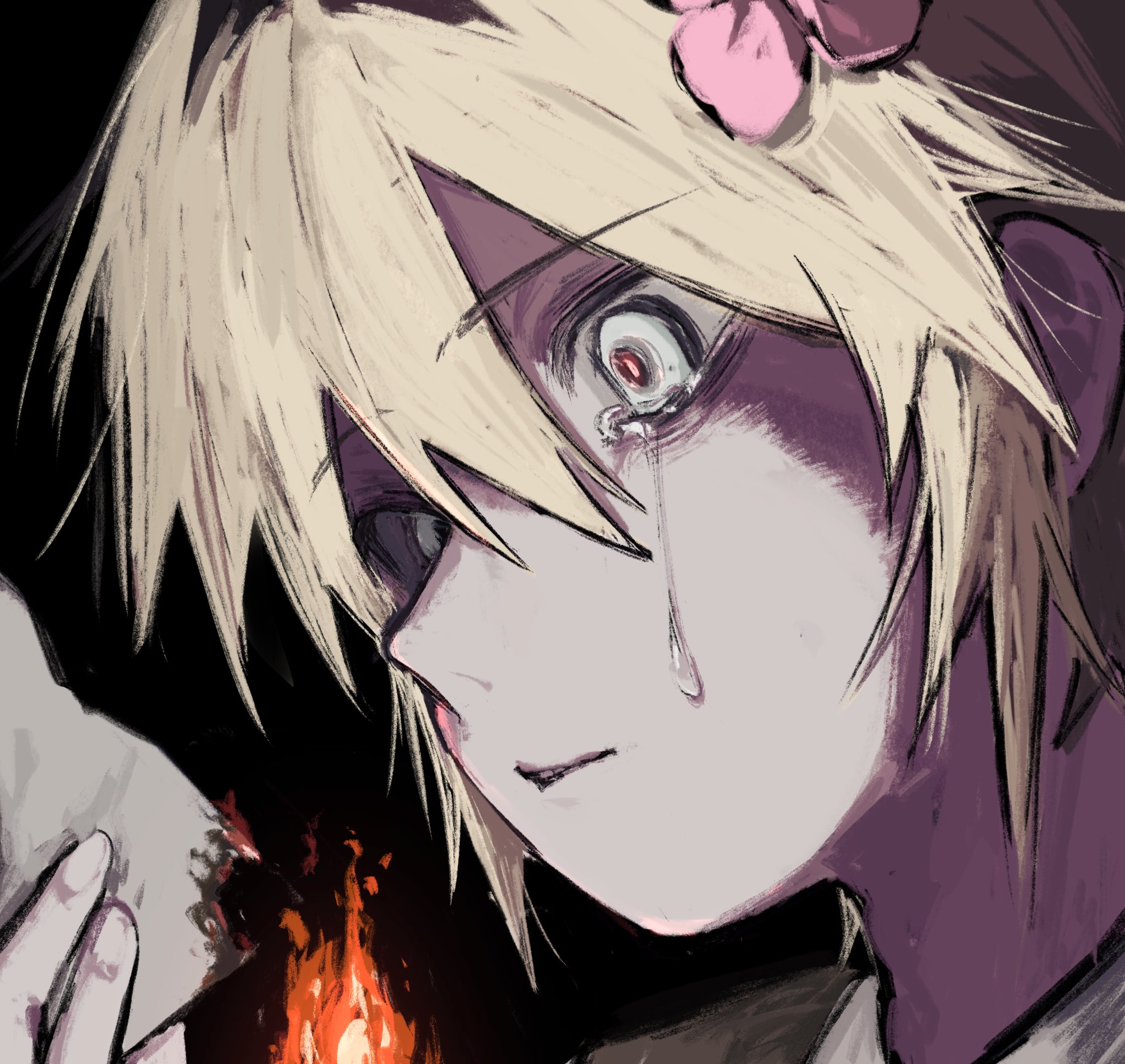 basil (faraway) (omori), basil (omori), omori, highres, 1boy, blonde hair, blue eyes, close-up, closed mouth, crying, crying with eyes open, double-parted bangs, fire, flower, hair between eyes, hair flower, hair ornament, holding, holding photo, madai (si 202), male focus, photo (object), short hair, sidelocks, solo, tears, upper body