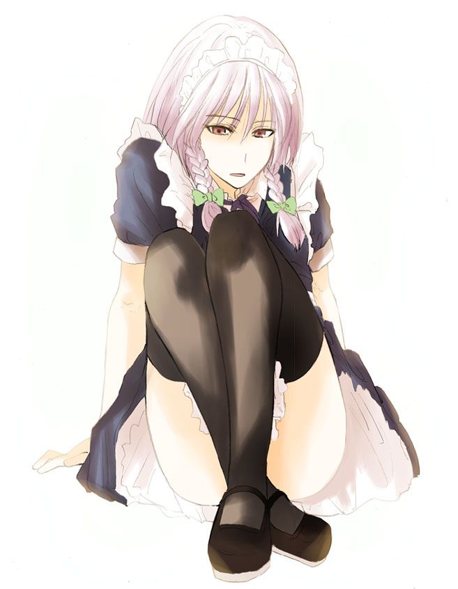 bonkara (sokuseki maou), izayoi sakuya, touhou, silver hair, bad id, bad pixiv id, 1girl, braid, censored, convenient censoring, convenient leg, female focus, hairband, maid, maid headdress, red eyes, short hair, solo, thighhighs, twin braids