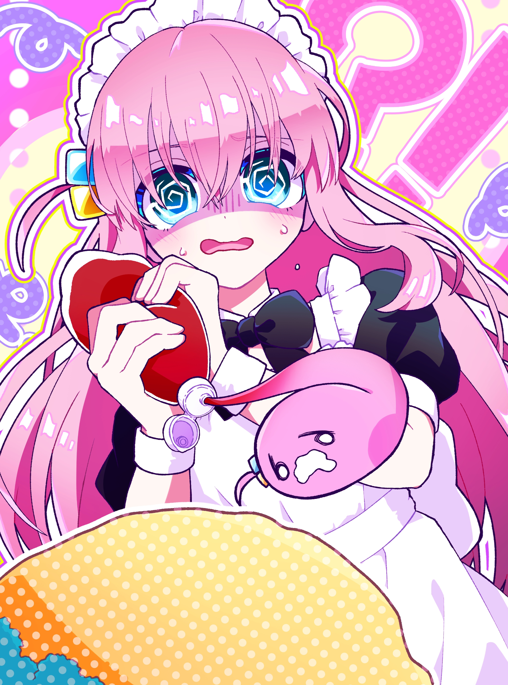 shinkyo enishi, gotoh hitori, gotoh hitori (tsuchinoko), bocchi the rock!, absurdres, highres, 1girl, @ @, alternate costume, apron, black bow, blue eyes, bow, english text, enmaided, food, hair between eyes, ketchup bottle, long hair, looking at viewer, maid, maid apron, maid headdress, mixed-language text, omelet, omurice, pink background, pink hair, solo, watermark